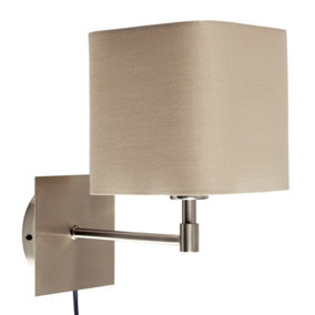ValueLights Beige Cotton Square Design Brushed Chrome Bedside Wall Light With Plug Cable And Switch