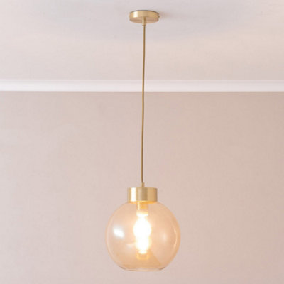 ValueLights Bellamy Amber Glass Globe Brushed Gold Capped Ceiling Pendant Light