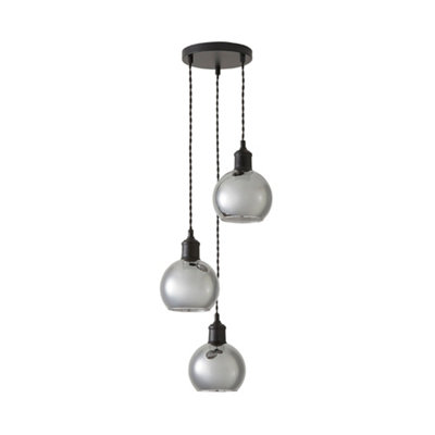 ValueLights Bellamy Smoked Glass Globe 3 Drop Cluster Matte Black Ceiling Pendant Light