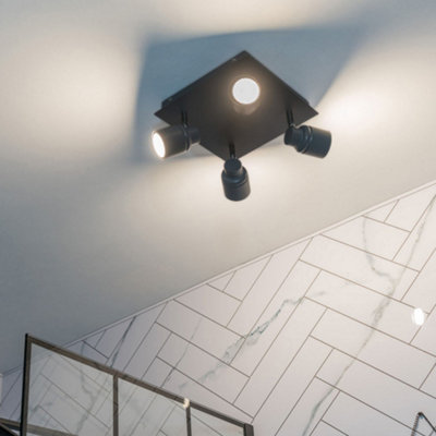 ValueLights Benton Black IP44 Square 4 Way Bathroom Flush Ceiling Light with Warm LED Bulbs