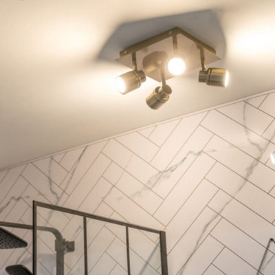 ValueLights Benton Brass IP44 Square 4 Way Bathroom Flush Ceiling Light with Warm LED Bulbs