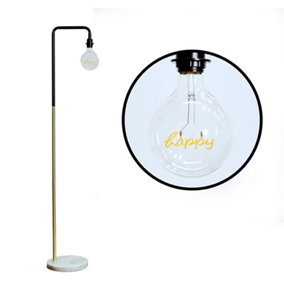 ValueLights Black and Gold Effect Metal Floor Lamp With White Marble Base And Happy LED Filament Light Bulb In Warm White