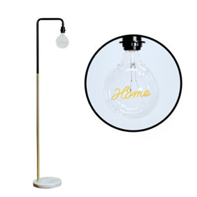 ValueLights Black and Gold Effect Metal Floor Lamp With White Marble Base And Home LED Filament Light Bulb In Warm White