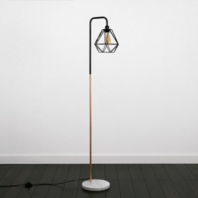 ValueLights Black Chrome Metal And White Marble Base Floor Lamp With Black Metal Cage Shade