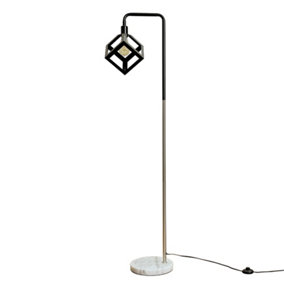 ValueLights Black Chrome Metal And White Marble Base Floor Lamp With Black Puzzle Cube Shade