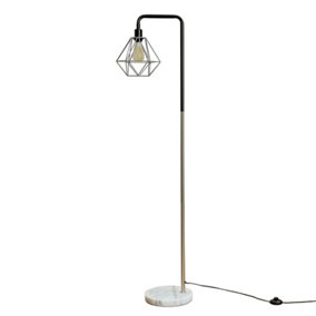ValueLights Black Chrome Metal And White Marble Base Floor Lamp With Grey Metal Cage Shade