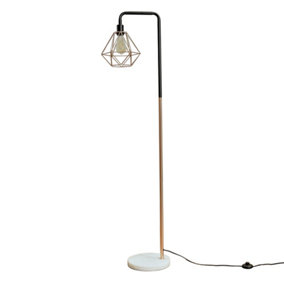 ValueLights Black Copper Metal And White Marble Base Floor Lamp With Copper Metal Basket Cage Shade