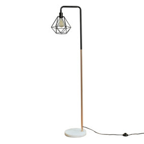 ValueLights Black Copper Metal And White Marble Base Floor Lamp With Gloss Black Metal Cage Shade