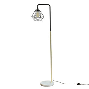 ValueLights Black Gold Metal And White Marble Base Floor Lamp With Metal Basket Cage Shade