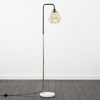 ValueLights Black Gold Metal And White Marble Floor Lamp With Gold Metal Basket Cage Shade