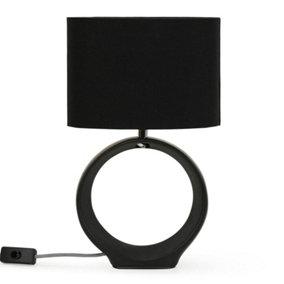 ValueLights Black Hoop Ceramic Bedside Table Lamp with a Fabric Lampshade Living Room Light - Bulb Included