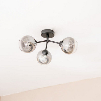 ValueLights Black Metal 3 Way Ceiling Light Fitting with Smoked Glass Lampshades - Bulbs Included