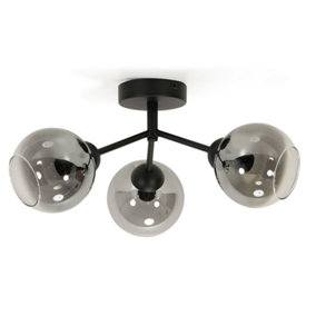ValueLights Black Metal 3 Way Ceiling Light Fitting with Smoked Glass Lampshades