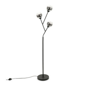 ValueLights Black Metal 3 Way Standing Floor Lamp with Smoked Glass Lampshades - Bulbs Included