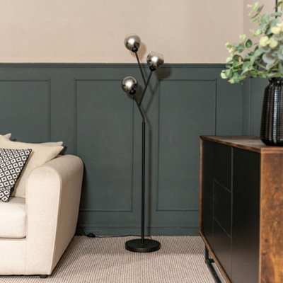 ValueLights Black Metal 3 Way Standing Floor Lamp with Smoked Glass Lampshades - Bulbs Included