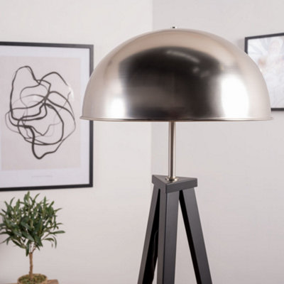 ValueLights Black Metal Tripod StAnding Floor Lamp With Silver Brushed Chrome Dome Shade