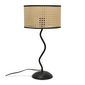 ValueLights Black Metal Wavy Single Stem Table Lamp with a Natural Cane Wicker Black Trim Shade - Bulb Included