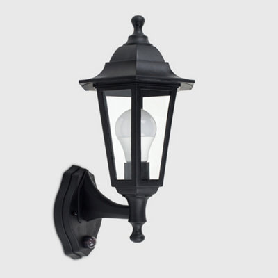 ValueLights Black Outdoor Security PIR Motion Sensor IP44 Rated Wall Light Lantern - With LED GLS Bulb in Warm White