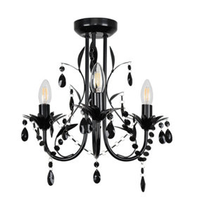 ValueLights Black Shabby Chic 3 Way Ceiling Light Chandelier With Black Acrylic Jewel And 3x LED SES E14 Frosted Glass Bulbs