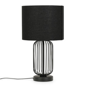 ValueLights Black Wire Cage Metal Bedside Dimmer Touch Table Lamp with Fabric Drum Lampshade - Bulb Included