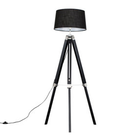 ValueLights Black Wood and Silver Chrome Tripod Floor Lamp with a Black Tapered Faux Linen Shade
