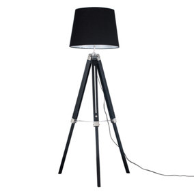 ValueLights Black Wood and Silver Chrome Tripod Floor Lamp with a Black Tapered Light Shade