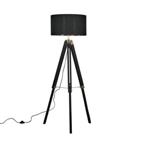 ValueLights Black Wood And Silver Chrome Tripod Floor Lamp With Black Gold Drum Shade
