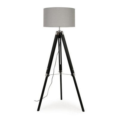 ValueLights Black Wood And Silver Chrome Tripod Floor Lamp With Grey Drum Shade