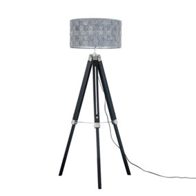ValueLights Black Wood And Silver Chrome Tripod Floor Lamp With Grey Felt Weave Light Shade