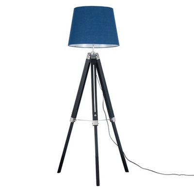 ValueLights Black Wood And Silver Chrome Tripod Floor Lamp With Navy Blue Light Shade