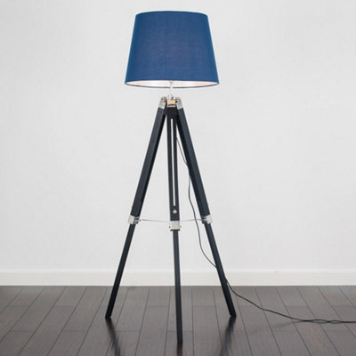 ValueLights Black Wood And Silver Chrome Tripod Floor Lamp With Navy Blue Light Shade