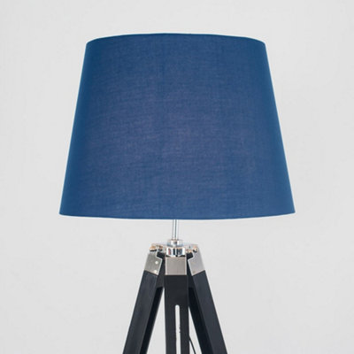 ValueLights Black Wood And Silver Chrome Tripod Floor Lamp With Navy Blue Light Shade
