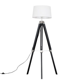 ValueLights Black Wood and Silver Chrome Tripod Floor Lamp With White Tapered Shade - Complete With 6w LED GLS Bulb In Warm White