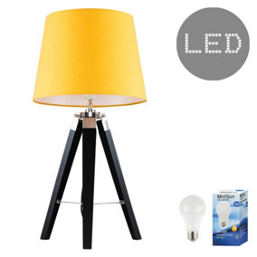 ValueLights Black Wood and Silver Chrome Tripod Table Lamp With Mustard Light Shade Complete With 6w LED Bulb In Warm White