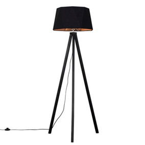 ValueLights Black Wood Tripod Design Floor Lamp With Black/Copper Geometric Shade - Complete With 6w LED GLS Bulb In Warm White