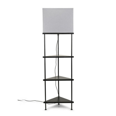 ValueLights Black Wooden 3 Tier Corner Floor Lamp with Grey Fabric Shade and Storage Shelves - Bulb Included