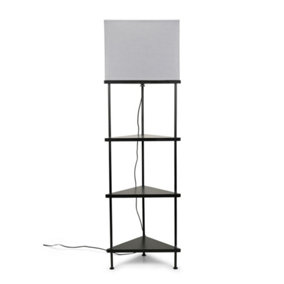 ValueLights Black Wooden 3 Tier Corner Floor Lamp with Grey Fabric Shade and Storage Shelves - Bulb Included