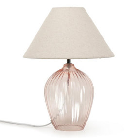 ValueLights Blush Pink Glass Table Lamp with Fabric Tapered Lampshade Bedside Light - Bulb Included