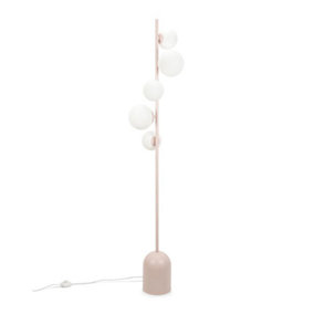 ValueLights Blush Pink Metal 5 Way Standing Floor Lamp with Glass Globe Lampshades - Bulbs Included