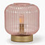 ValueLights Blush Pink Ribbed Glass Portable Cordless Battery Powered Table Lamp Bedside Light