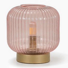 ValueLights Blush Pink Ribbed Glass Portable Cordless Battery Powered Table Lamp Bedside Light