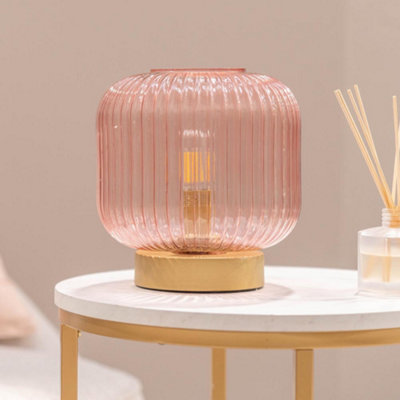ValueLights Blush Pink Ribbed Glass Portable Cordless Battery Powered Table Lamp Bedside Light