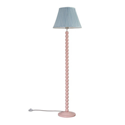 ValueLights Bobbles Rose Pink Bobbin Floor Lamp with Blue Pleated Shade - LED Bulb Included