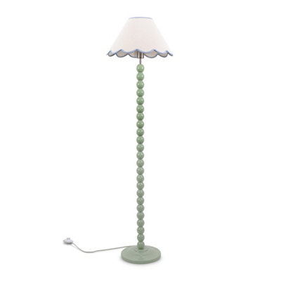 ValueLights Bobbles Sage Green Bobbin Floor Lamp with Blue Trim Scallop Shade - LED Bulb Included