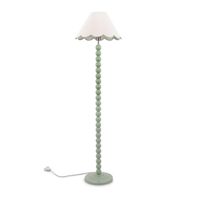 ValueLights Bobbles Sage Green Bobbin Floor Lamp with Green Trim Scallop Shade - LED Bulb Included