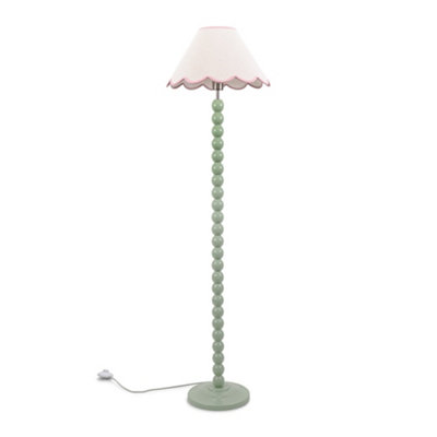 ValueLights Bobbles Sage Green Bobbin Floor Lamp with Pink Trim Scallop Shade - LED Bulb Included