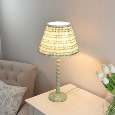 ValueLights Bobbles Sage Green Bobbin Table Lamp with Pink Aztec Pleated Shade