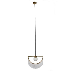 ValueLights Brass Semicircle & White Tassel Fringe Ceiling Pendant Light with Frosted Globe Shade With 3w LED G9 Bulb Warm White