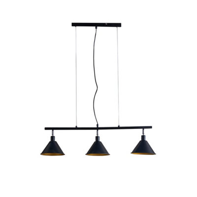 ValueLights Brisner Modern 3 Way Suspended Ceiling Light with Matt Black Gold Metal Cone Shades