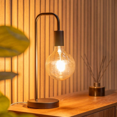 ValueLights Bronx Industrial Style Black Metal Curved Stem Bedside Table Lamp Living Room Bedroom Light Bulb